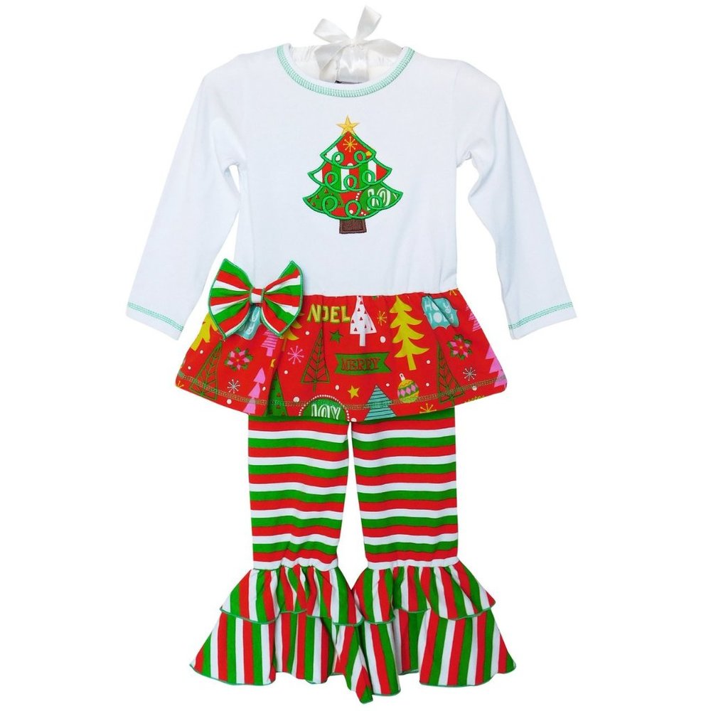 Ann Loren Christmas Tunic & Stripped Ruffle Leggings 2 Piece Set
